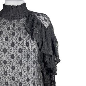 GRACIA Black Sheer Lace Ruffle Blouse Large T22105